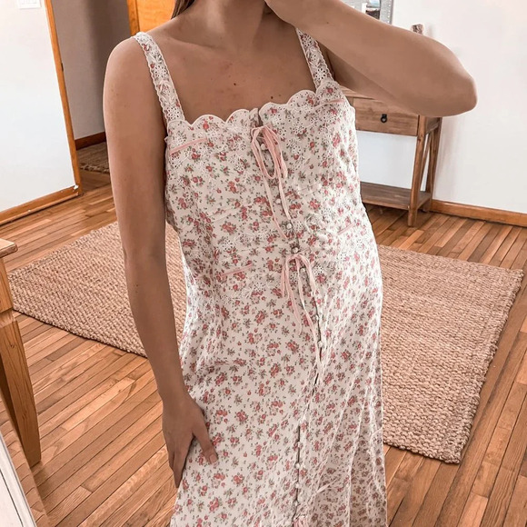 Praerie Brittany Pink Floral Lace Cottagecore Preppy Button Down Midi Dress L - Picture 3 of 10